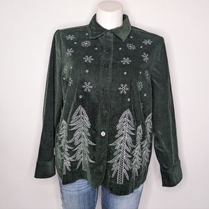CJ Banks Green White Winter Woods Tree Embroidered Button Up Top 1X